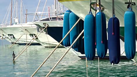 view of yachts anchored in marina with the yacht buoys swinging in the wind