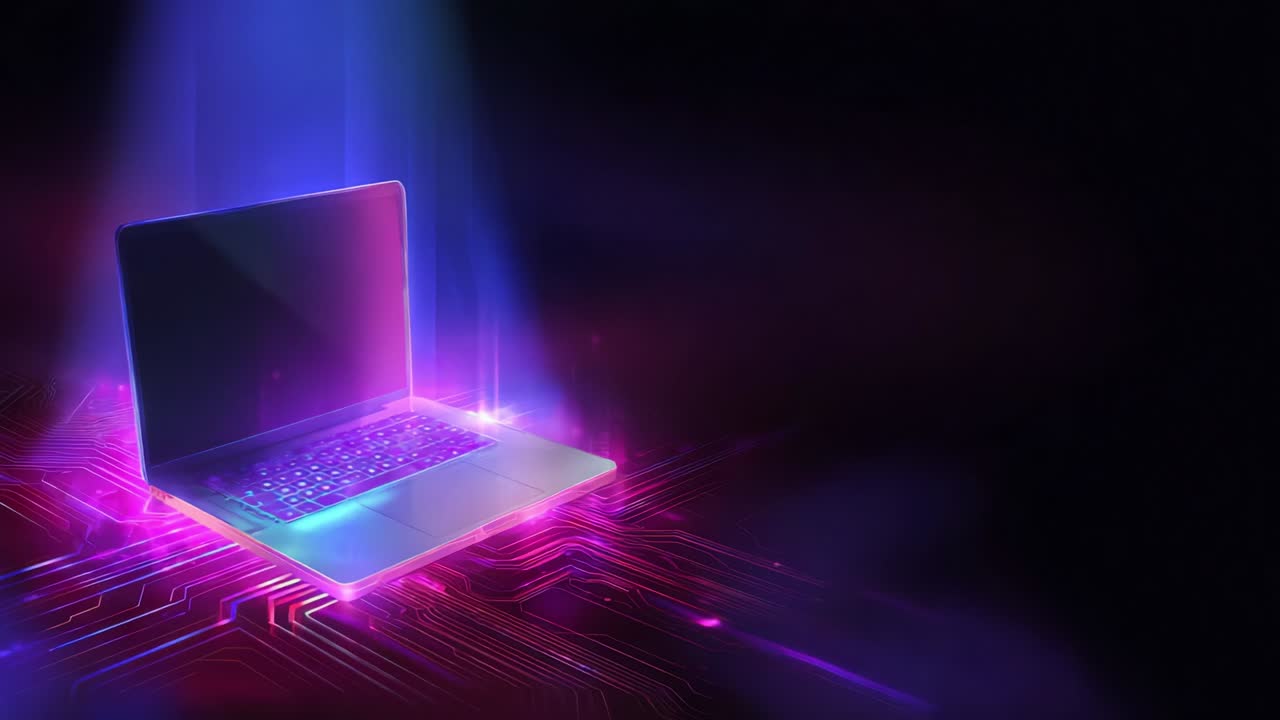 A Stunning Visual Display of a Computer Laptop Surrounded by Ethereal Light Effects and Futuristic Circuit Patterns, Highlighting the Intersection of Technology and Digital Innovation