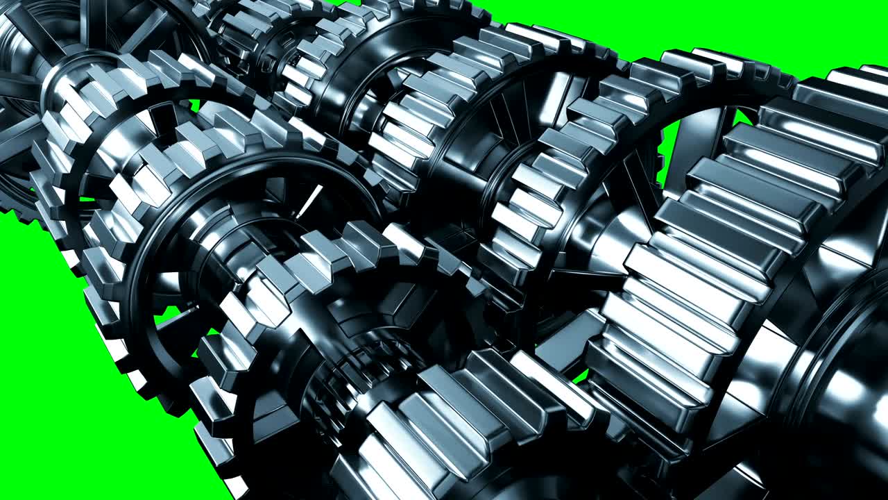 Abstract Metal Gearbox Transmission with Axis and Gears Turning Seamless Close-up. Beautiful Looped 3d Animation Green Screen. Teamwork Business and Technology Concept.