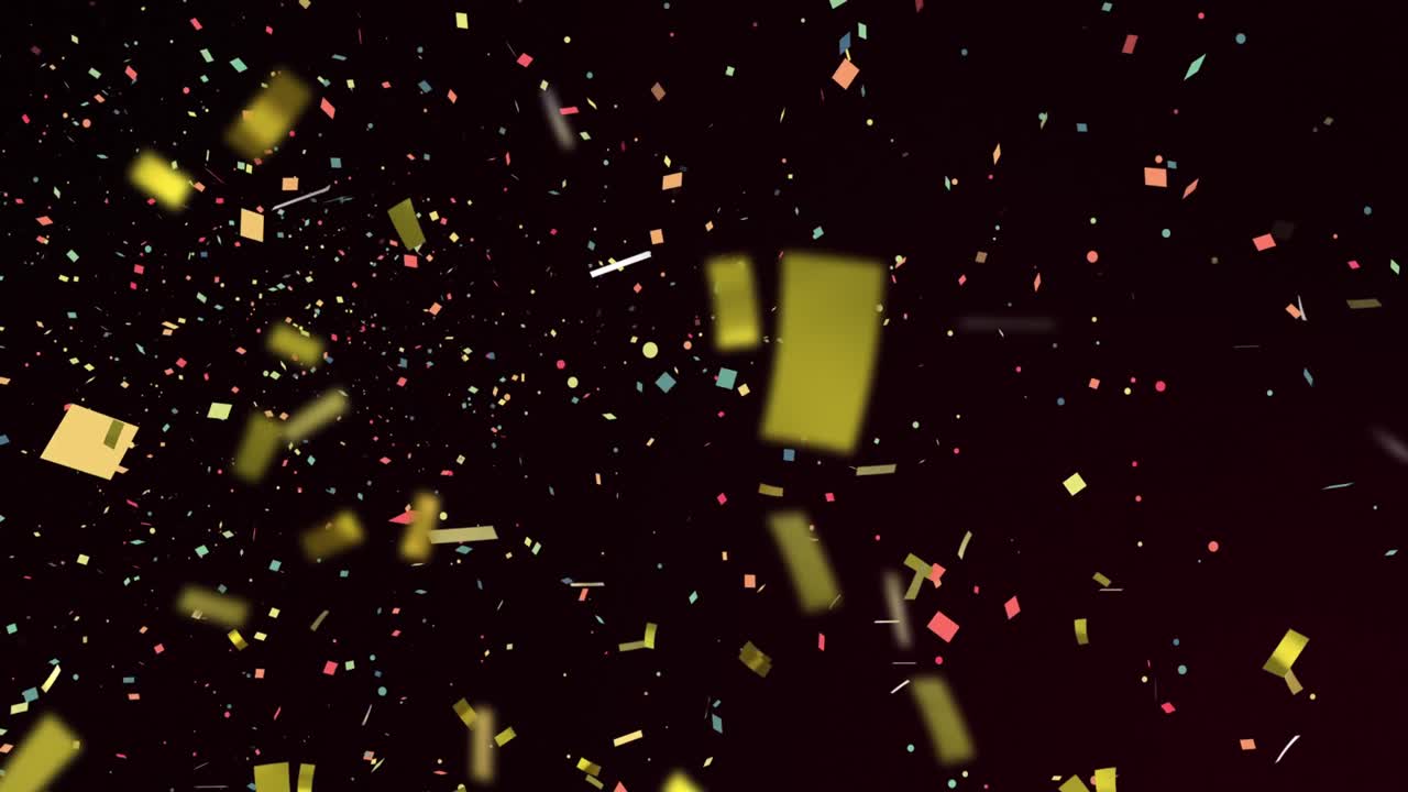 Animazione di coriandoli dorati e multicolori che cadono su sfondo nero