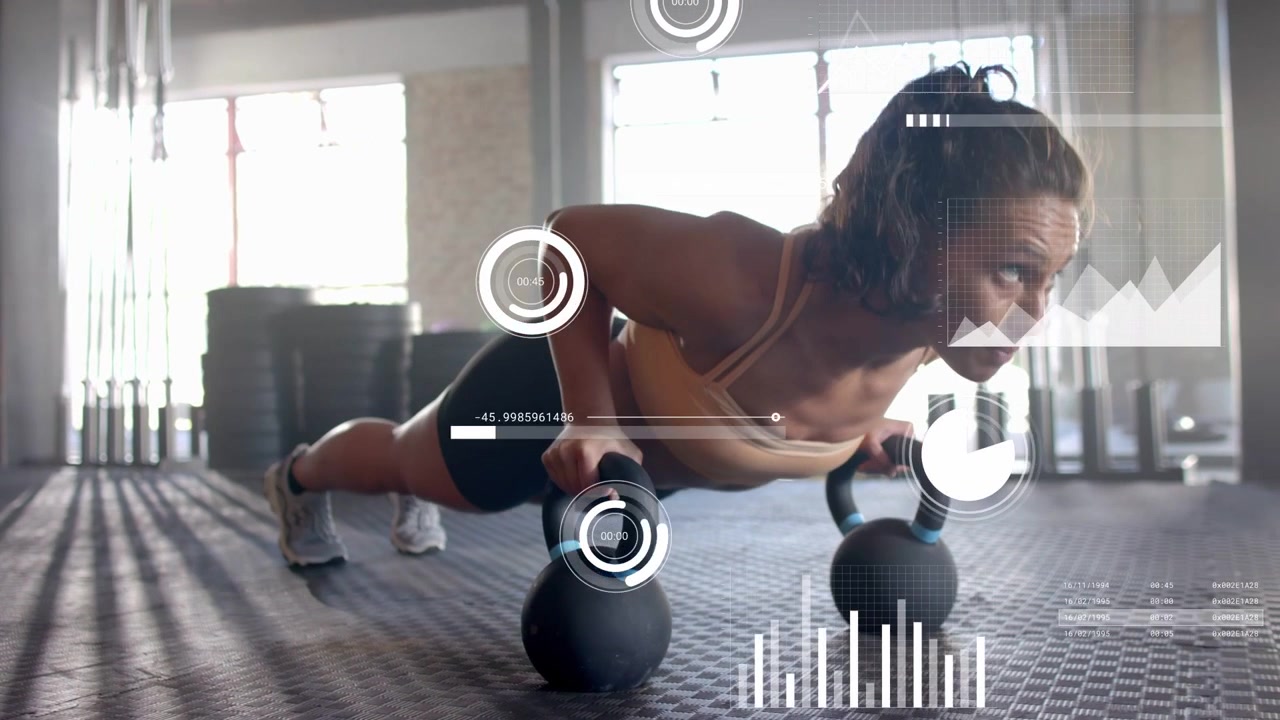 Female athlete starting plank, lowering into kettlebell push-ups while HUD charts tracking fitness
