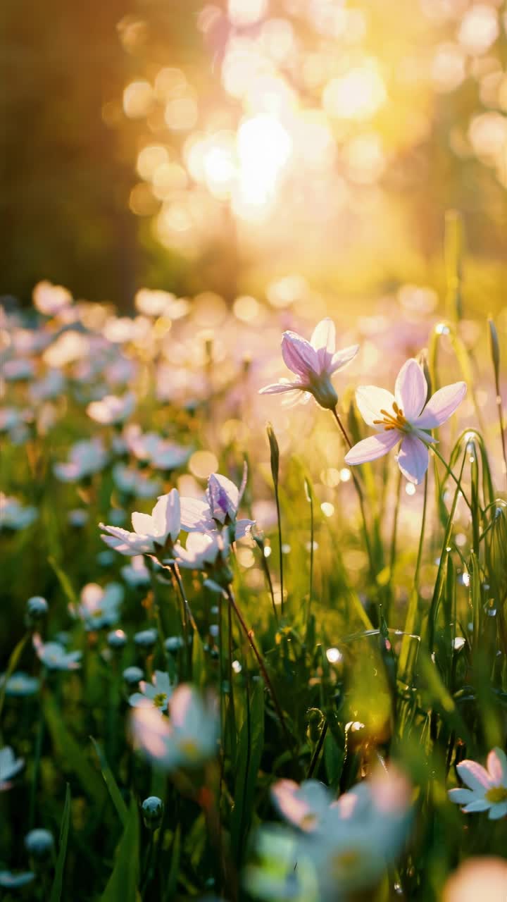 Close-up, low-angle shot of delicate flowers in a sunlit meadow, capturing a dreamy, bokeh-filled