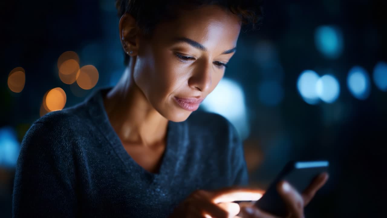 Una persona concentrata utilizza uno smartphone, immersa in un mondo digitale, illuminata dalla tenue luce dello schermo in una calda atmosfera serale