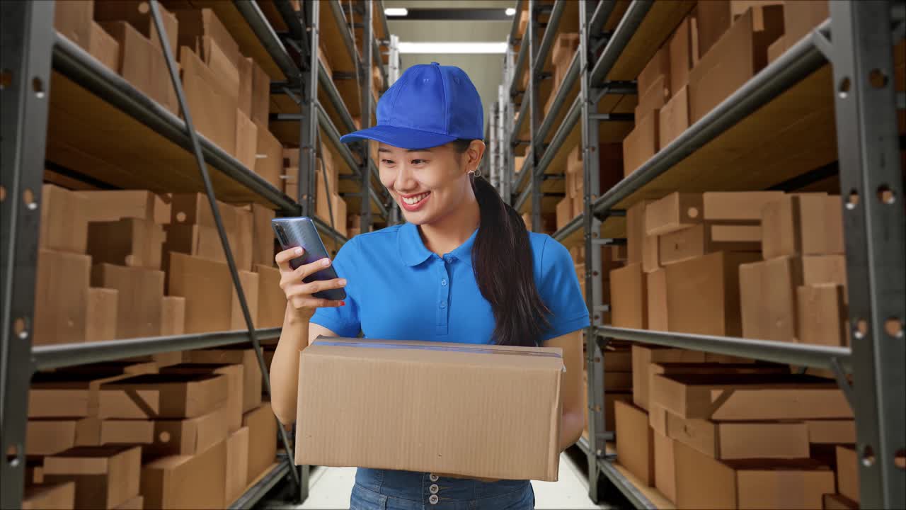 mensajera asiática en uniforme azul usando un teléfono inteligente mientras entrega un cartón en un almacén