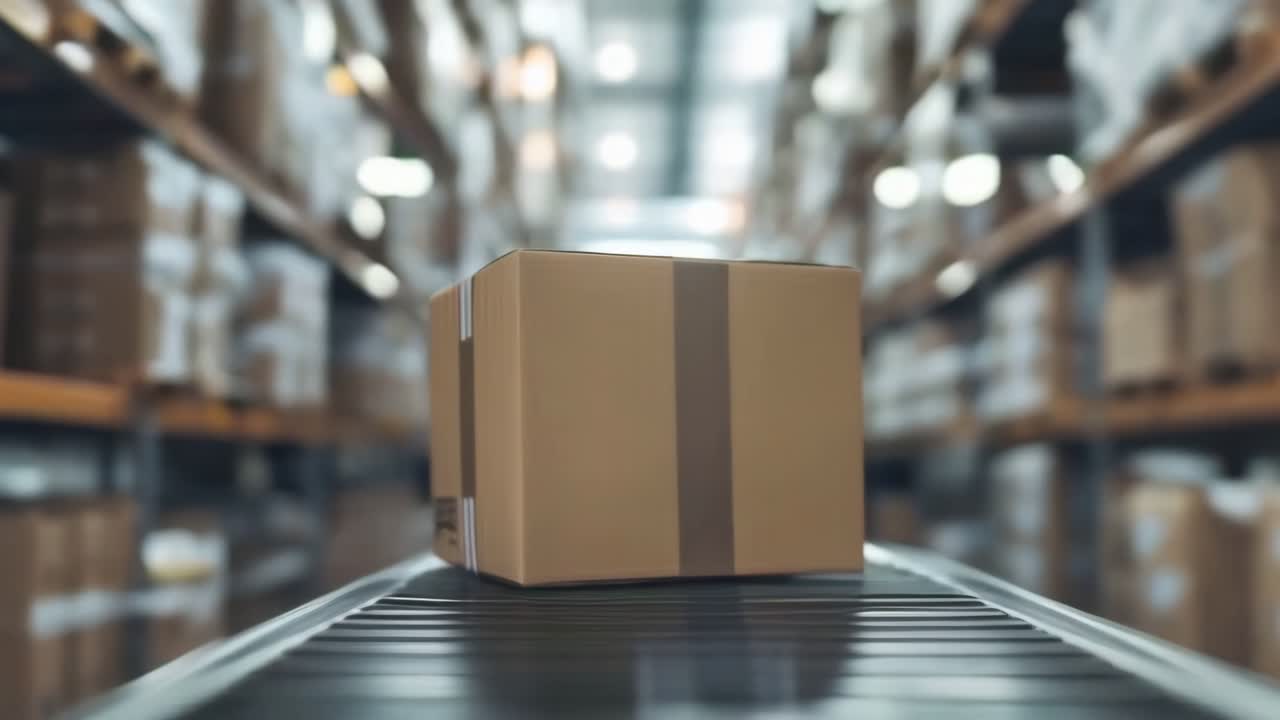 Cardboard boxes on a conveyor belt in a warehouse