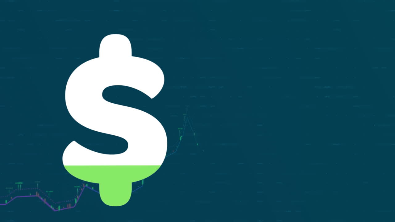 Animazione del simbolo del dollaro su elaborazione di dati finanziari