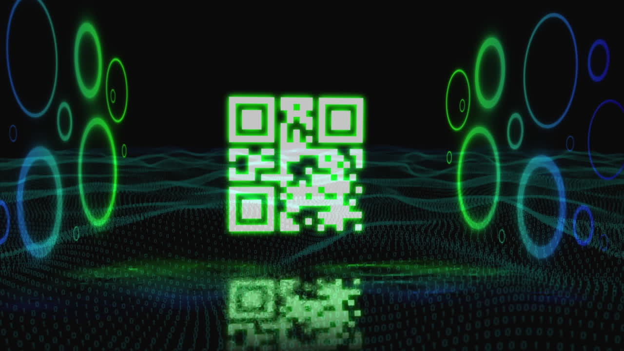 QR code scanner with neon elements against digital wave on black background