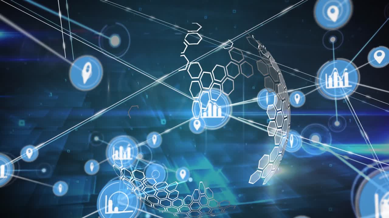 추상적인 배경에 있는 렌즈 플레어 위에 회전하는 글로브에 연결된 아이콘과 육각형의 애니메이션