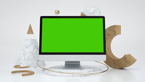 clear green screen computer for presentation e business blog or entertainment app. monitor with chroma key for advertising mock up creative site. 3d animation art object desktop greenscreen background