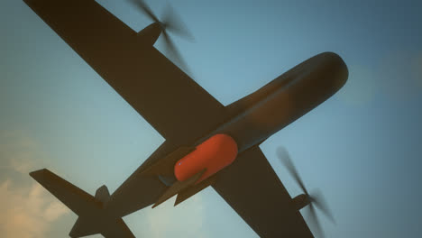 atmospheric aerial view of the military twin-engine aircraft. airplane with wings and propellers on the dangerous mission. plane attacks ground target by dropping a heavy red bomb.