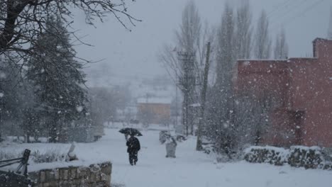 waking man in snowflakes in village