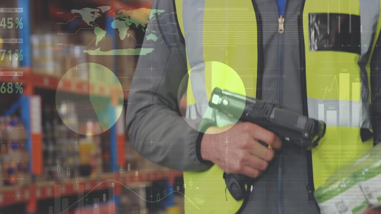 창고에서 일하는 사람에 대한 데이터 처리 애니메이션