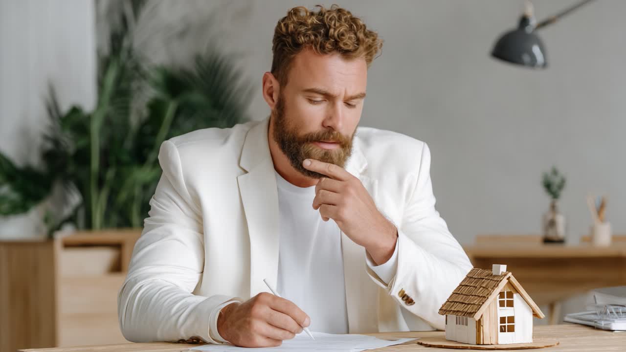 Contemplative Man in White Suit Reflecting on Architectural Plans for a Model Home, Showcasing Thoughts on Real Estate or Design Concepts
