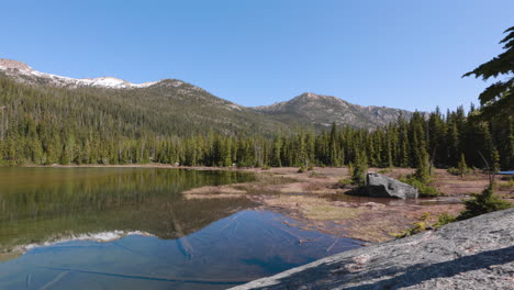 Large-rocks-and-trees-on-the-marshy-shore-of-a-high-alpine-lake-in-the-mountains-of-Washington