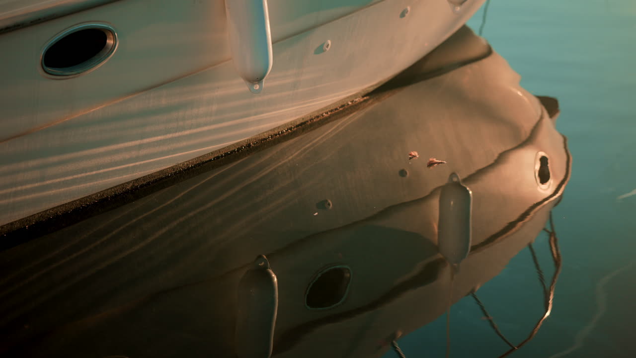 Close up of a yacht hull reflecting in calm marina water at golden hour, with warm sunlight highlighting the boat's curves and textures
