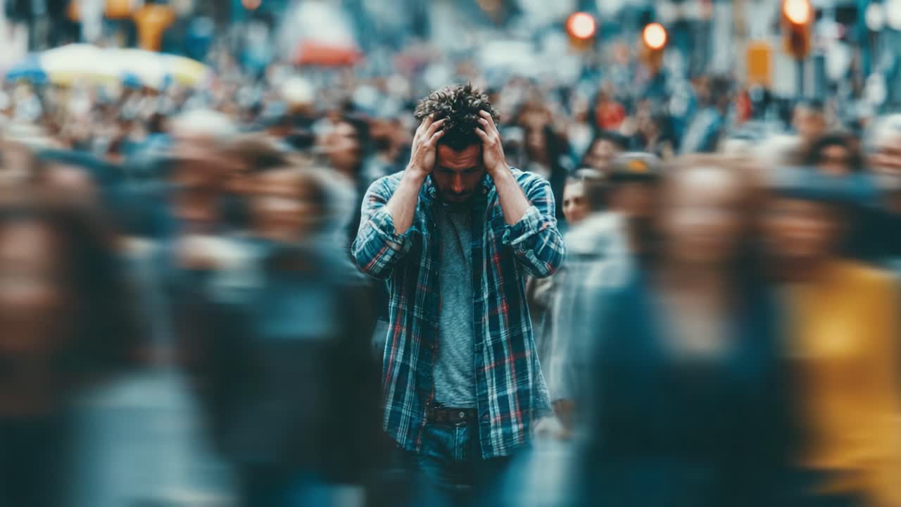 Nel mezzo del caos: una figura solitaria alle prese con lo stress mentre il mondo continua a muoversi intorno a lui in un vivace ambiente urbano