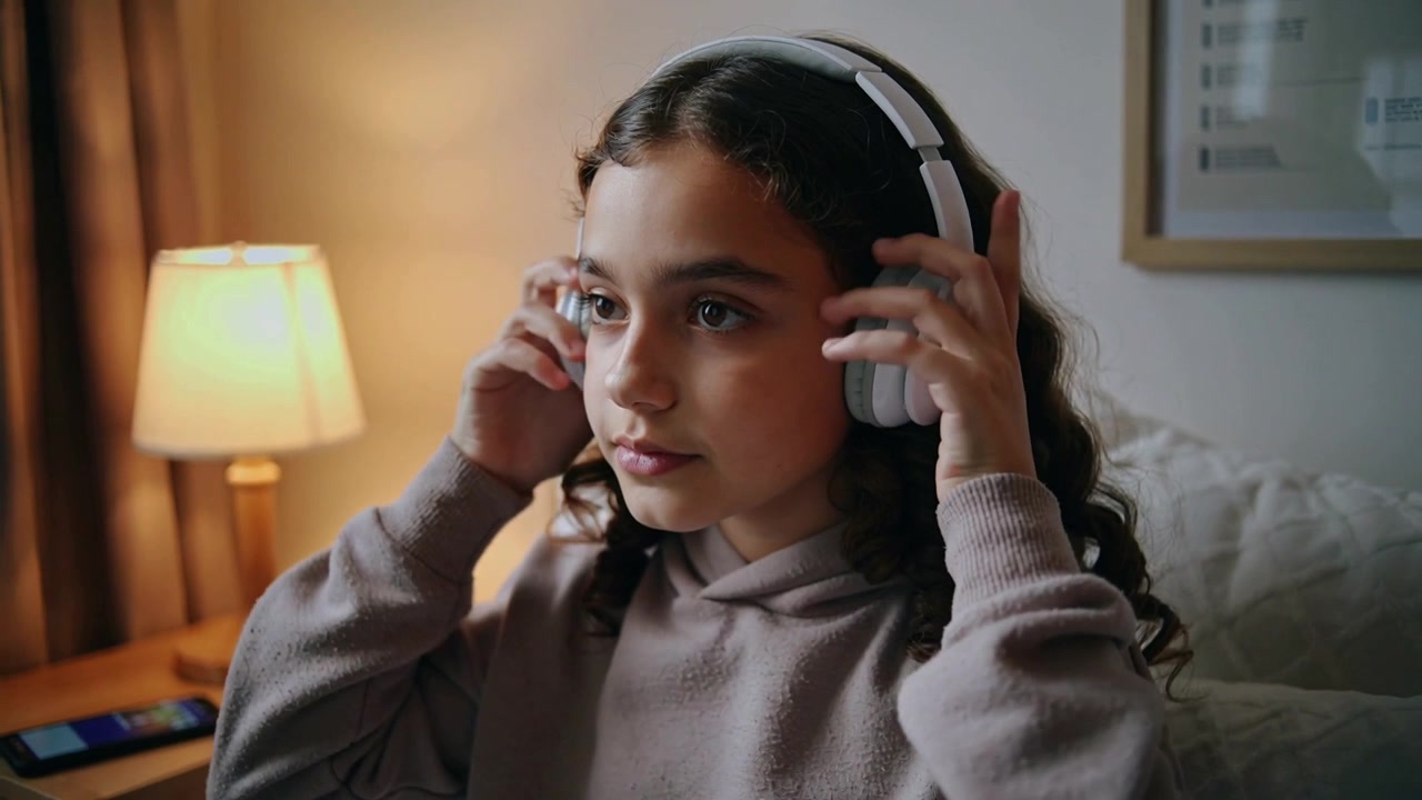 Holding white headset above head, teen girl wearing hoodie lowering headset in bedroom to listen