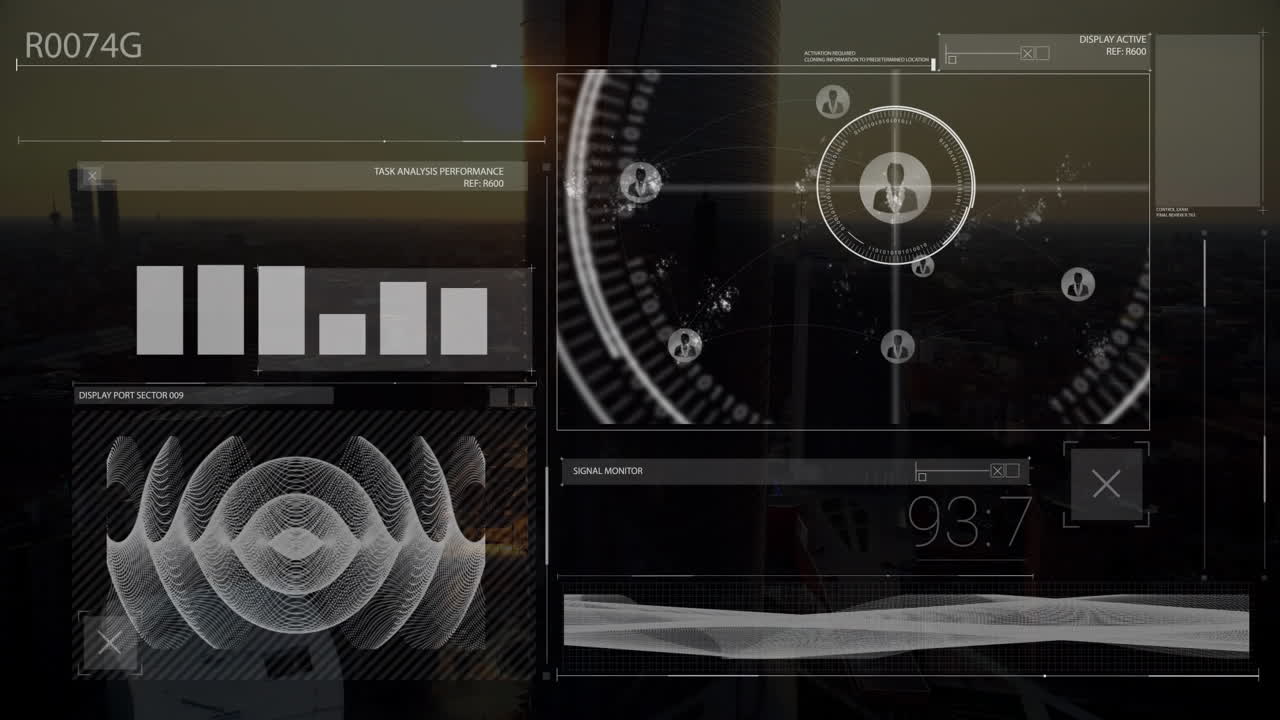 Data analysis and signal monitoring animation over cityscape at dusk