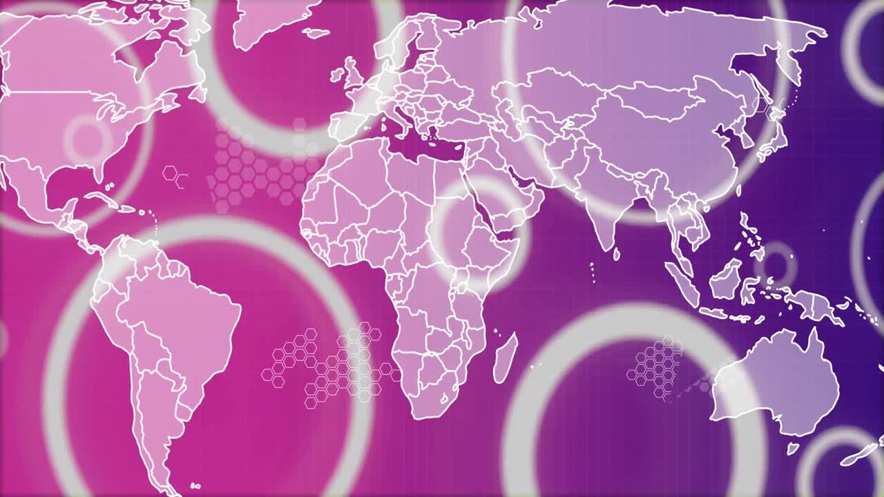 Mappa sfumata che mostra cerchi luminosi che appaiono, svaniscono, pulsano e si spostano, evidenziando connessioni globali.