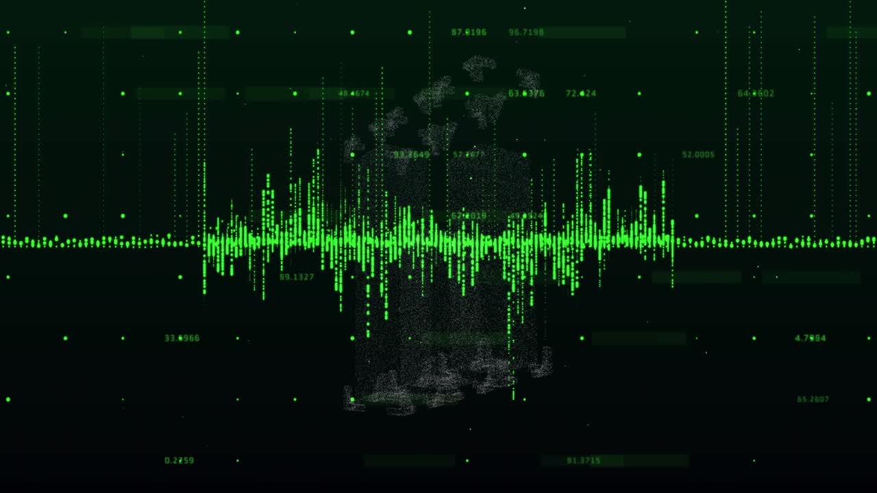 Dotted line flicker starting waveform pulsing towers forming and rotating HUD tags visualizing data