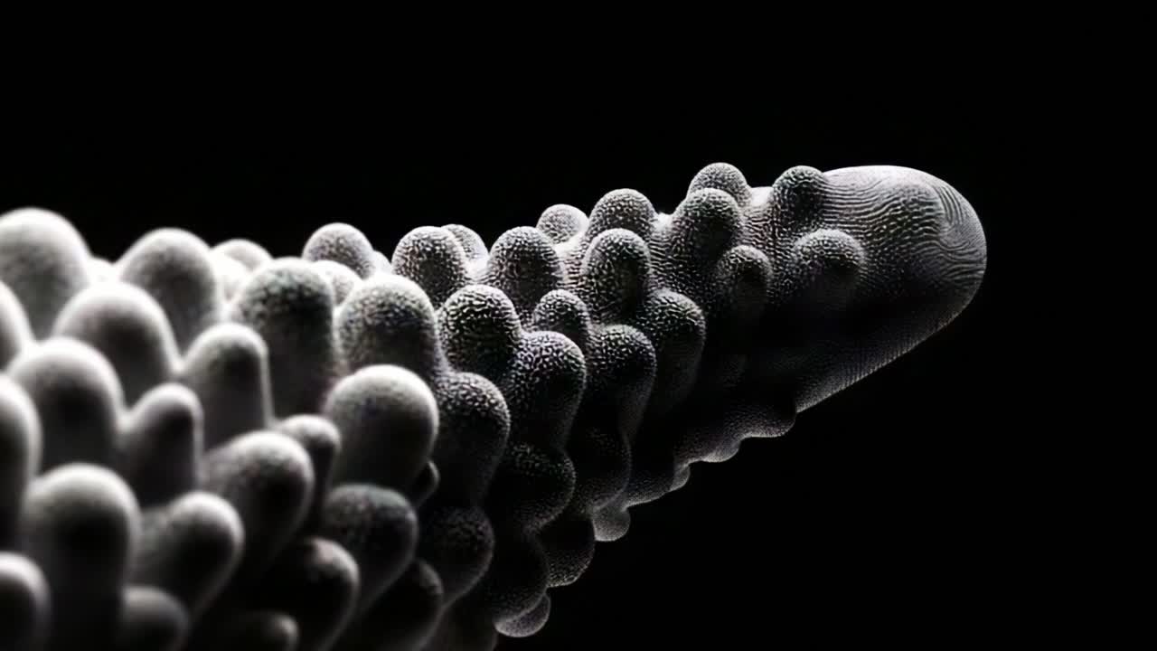 A Close-Up Exploration of Intricate Organic Structures in a Dark Setting, Showcasing Unique Patterns and Textures of an Evolving Biomorphic Form