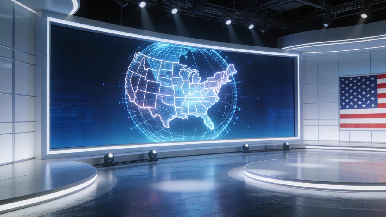 Animating LED display screen rotating US globe, pulsing nodes, revealing info panel in TV studio