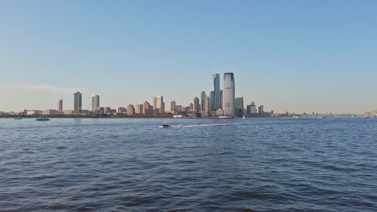 Hudson river, New York city and floating boats view from the water