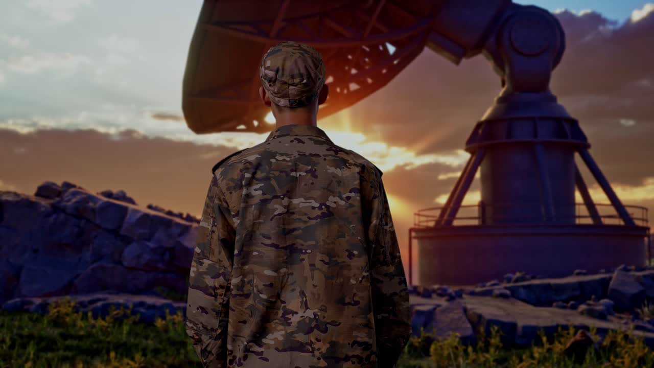 Back View Of Asian Man Soldier Looking Around While Standing With Satellite Dish