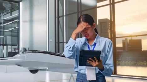 woman stressed while using tablet in modern office
