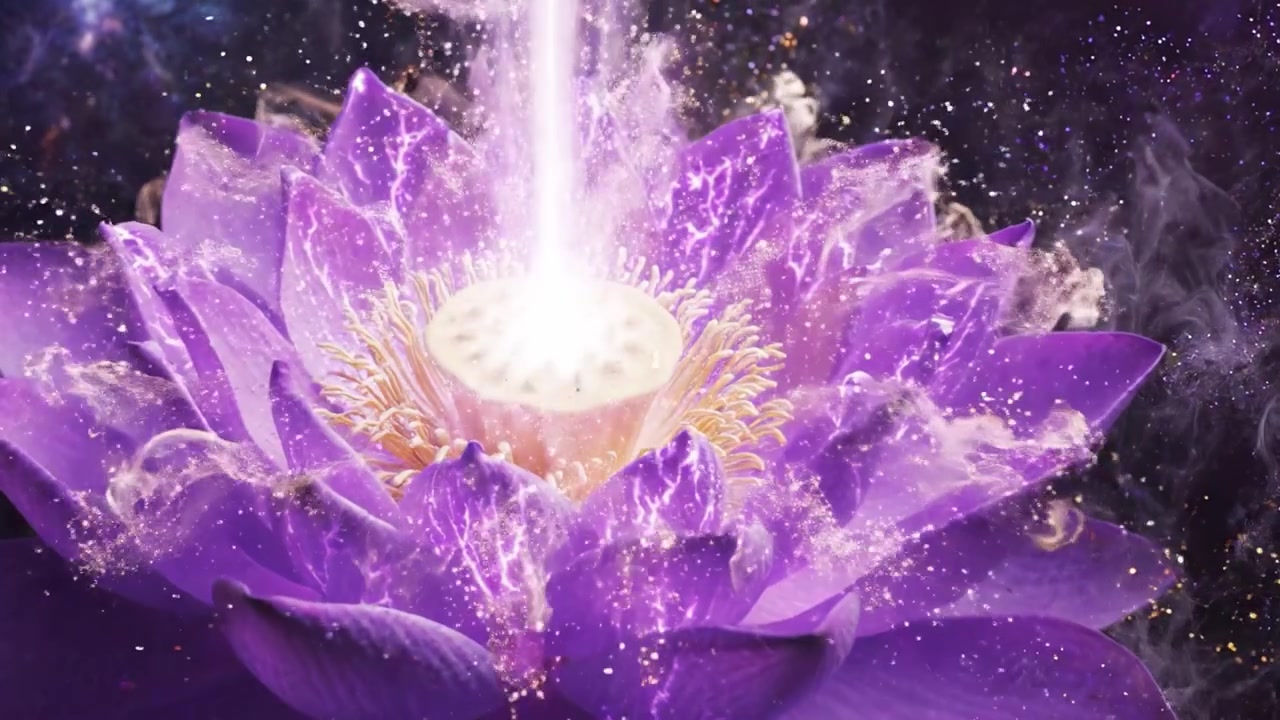 Un fiore di loto viola mozzafiato ed etereo, circondato da vortici mistici di colore e luce, che cattura l'essenza della bellezza e della serenità nella natura.