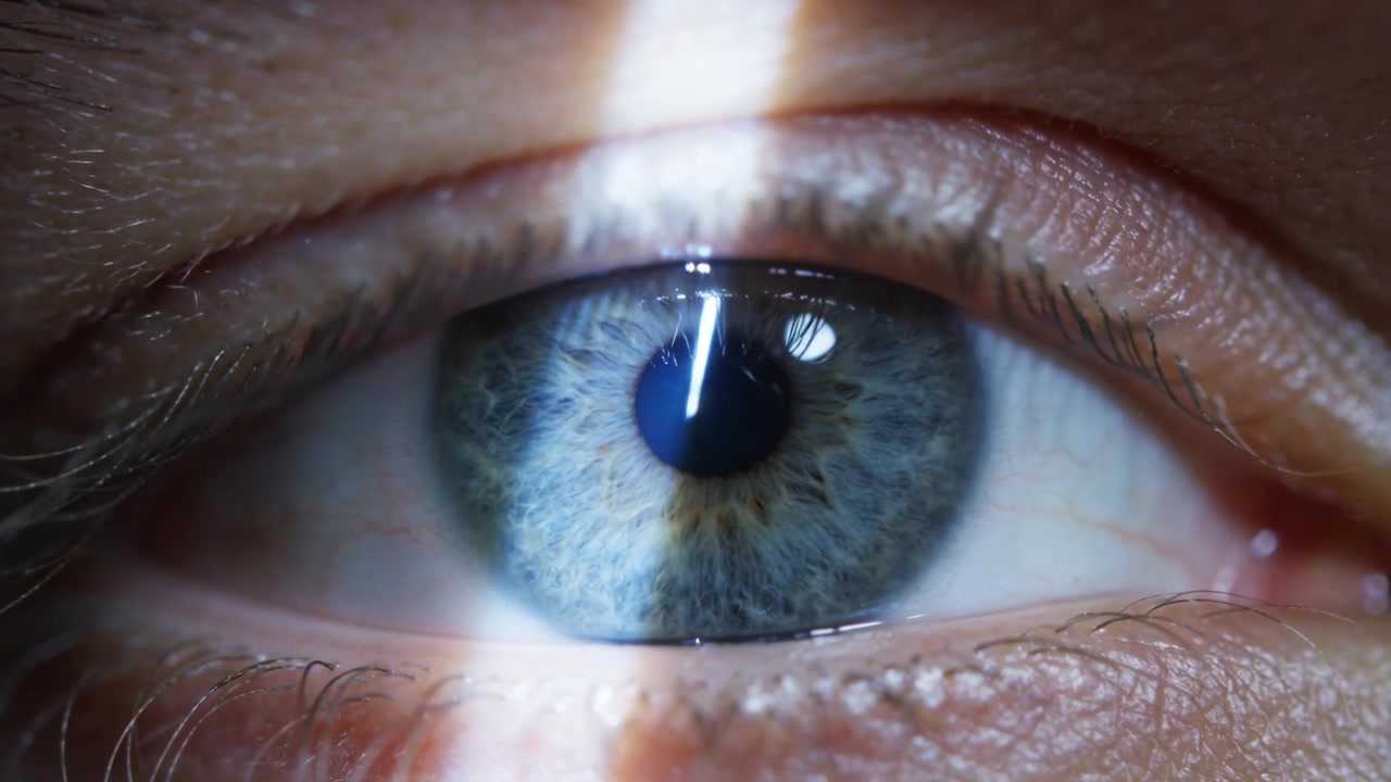 Reagendo alla luce verticale in laboratorio, l'occhio umano ammicca parzialmente, regolando lo sguardo con il riflesso di un anello.