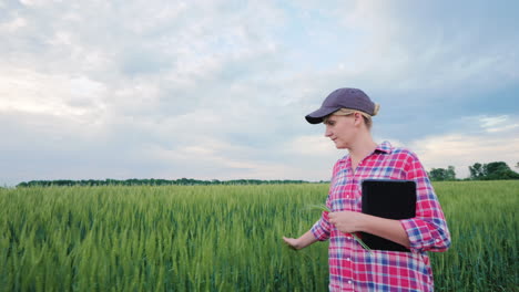 mujer joven agricultora espigas de trigo