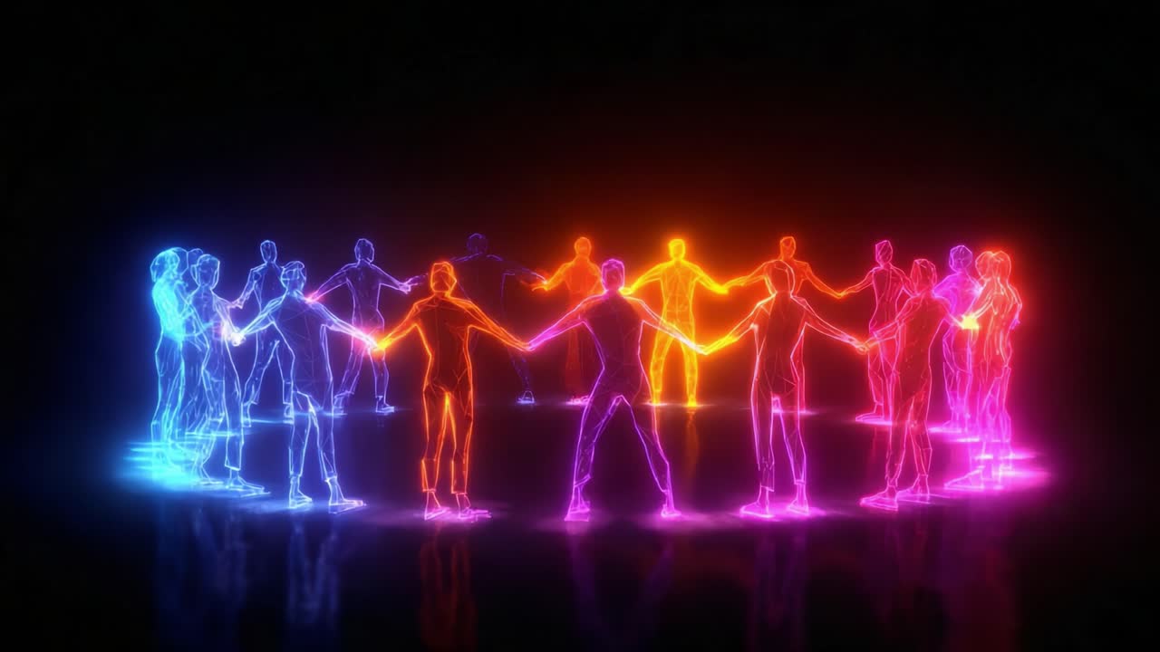 A Vibrant Display of Unity and Connection: Ethereal Figures Join Hands in a Radiant Circle, Illuminated by Mesmerizing Colors of Blue, Orange, and Pink, Symbolizing Togetherness and Harmony