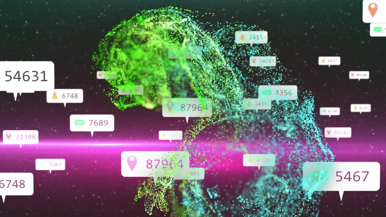 Spilla che accende tag di campane di chat, con una nuvola color verde acqua che fluttua, formando una testa che ruota e si dissolve, visualizzando dati.