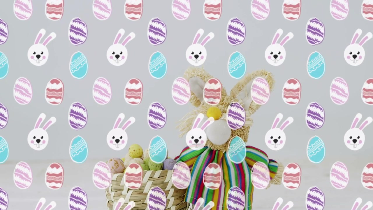 Easter Bunny Toy with Basket of Eggs and Animated Pattern Background