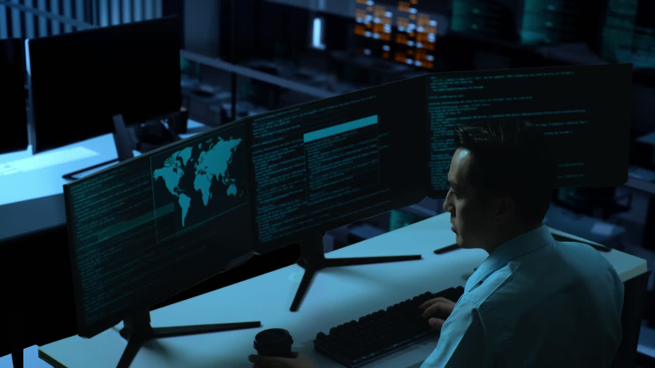 Side View Of Asian Man Developer Drinking Coffee And Using Computer To Write Code With Multiple Screens In The Office