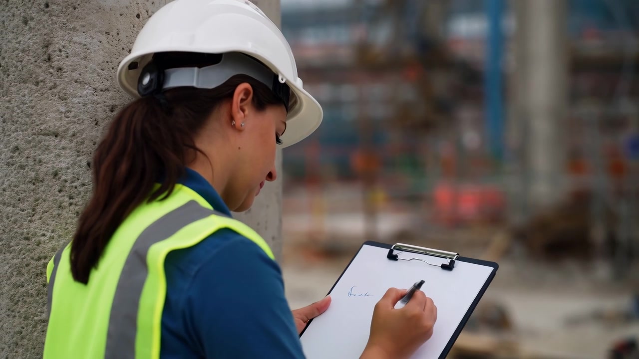 Seen from behind and side, worker steadily writes on a clipboard while standing by rough concrete, wearing protective headgear and reflective vest against blurred construction backdrop.