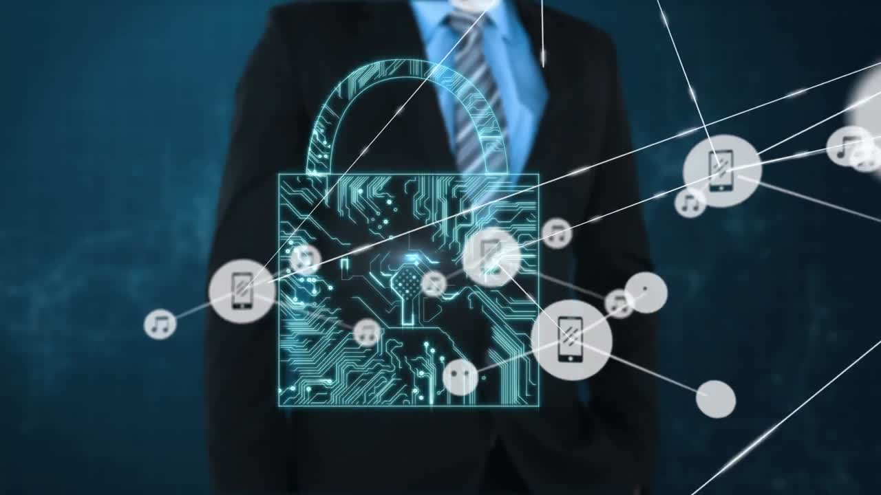 animación de la red de conexiones con iconos, candado digital y hombre de negocios