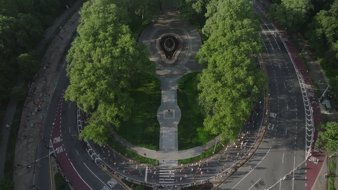 Aerial view of participants running the Brooklyn Half Marathon. Shot at Grand Army Plaza in New York City.