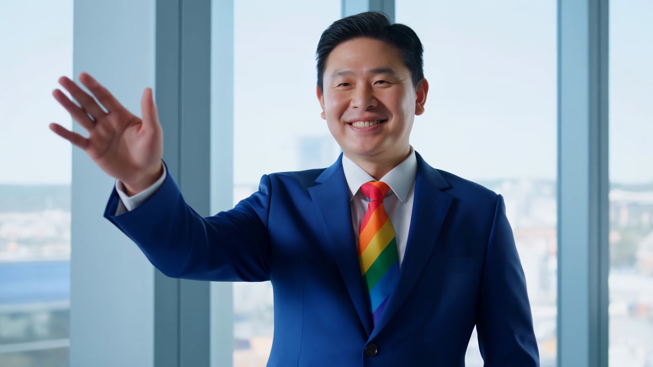 Asian Businessman Smiling Waving By Window, Modern Highrise City Skyline Backdrop, Blue Suit, Rainbow Tie