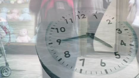 people walking fast with clock in the foreground