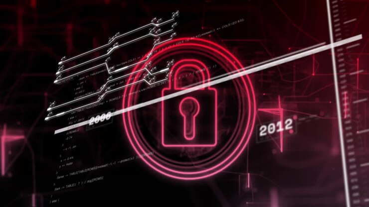Animation of data processing and padlock over black background
