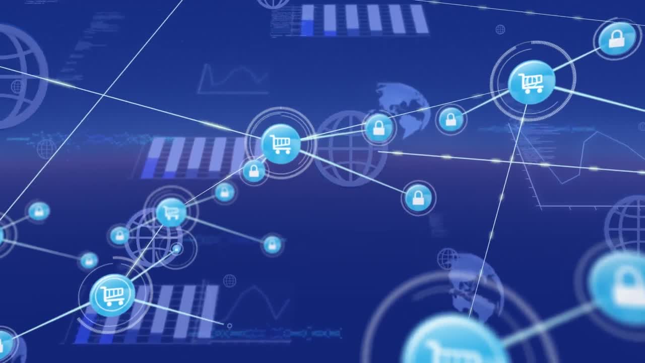 animación de una red de iconos y pantallas digitales con procesamiento de datos contra un fondo azul.