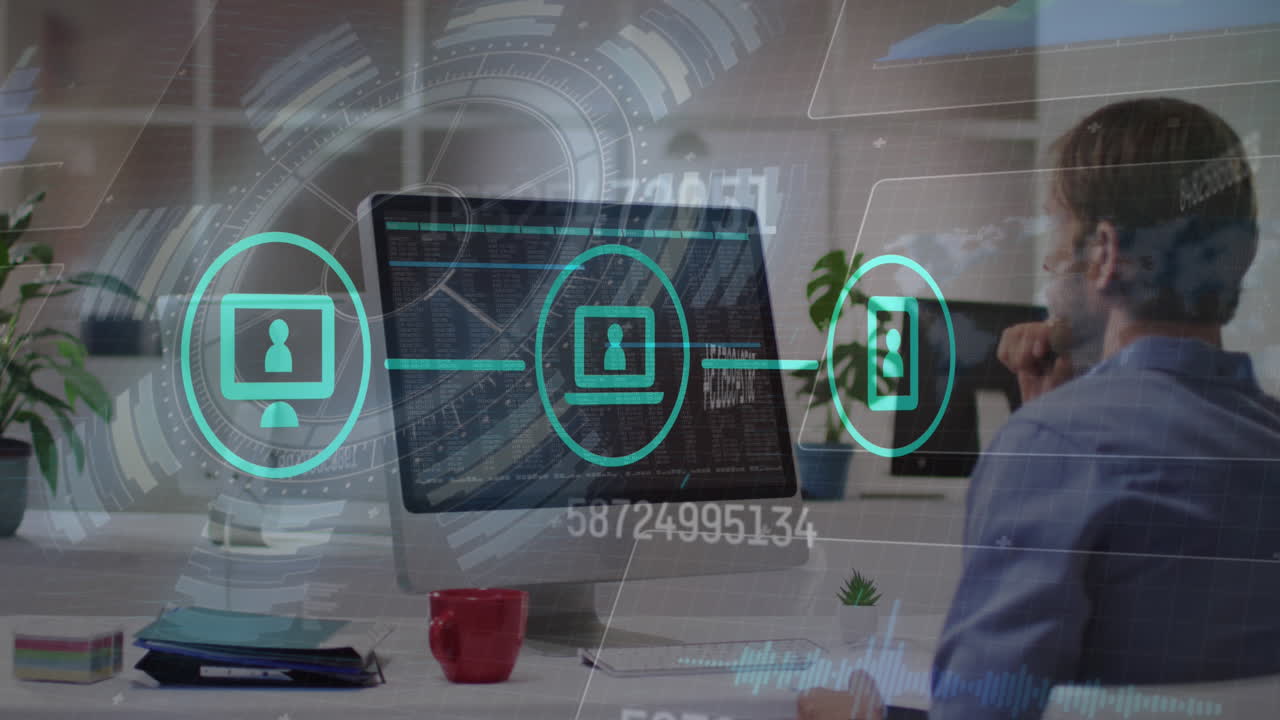 animación de la red de iconos y procesamiento de datos sobre el empresario caucásico en la oficina.