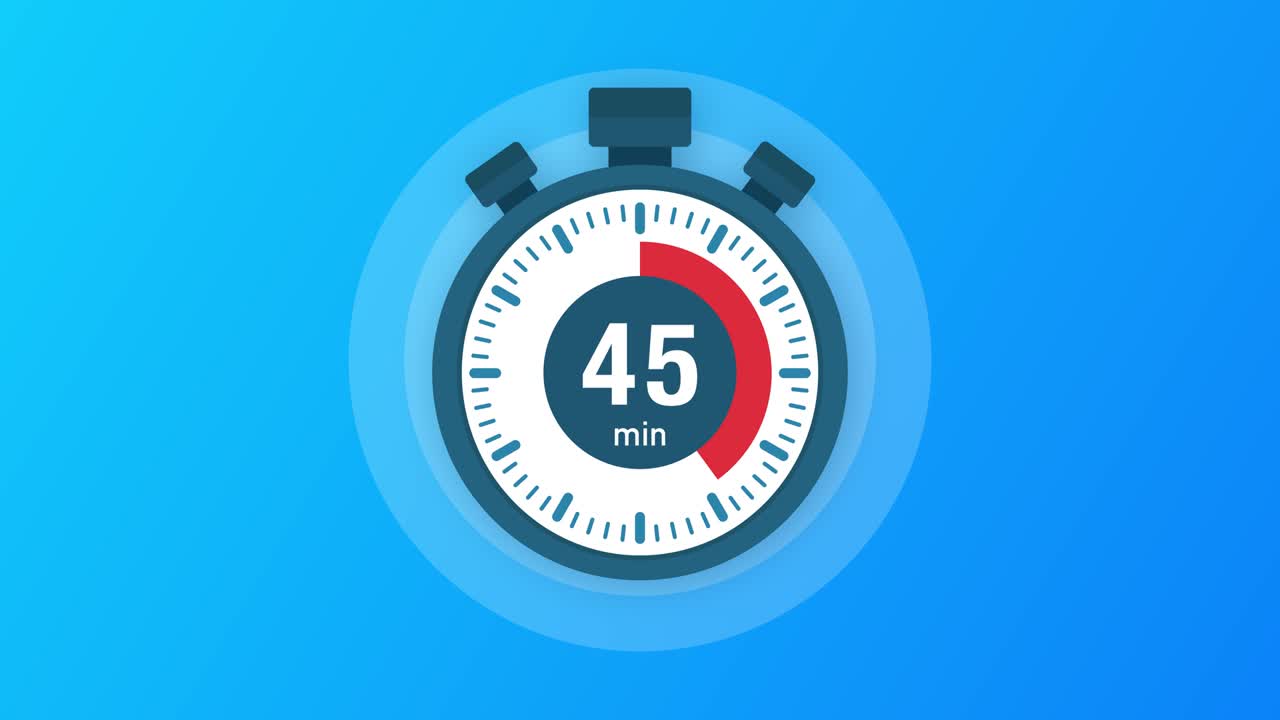 The 45 minutes, stopwatch icon. Stopwatch icon in flat style, timer on on color background. Motion graphics.