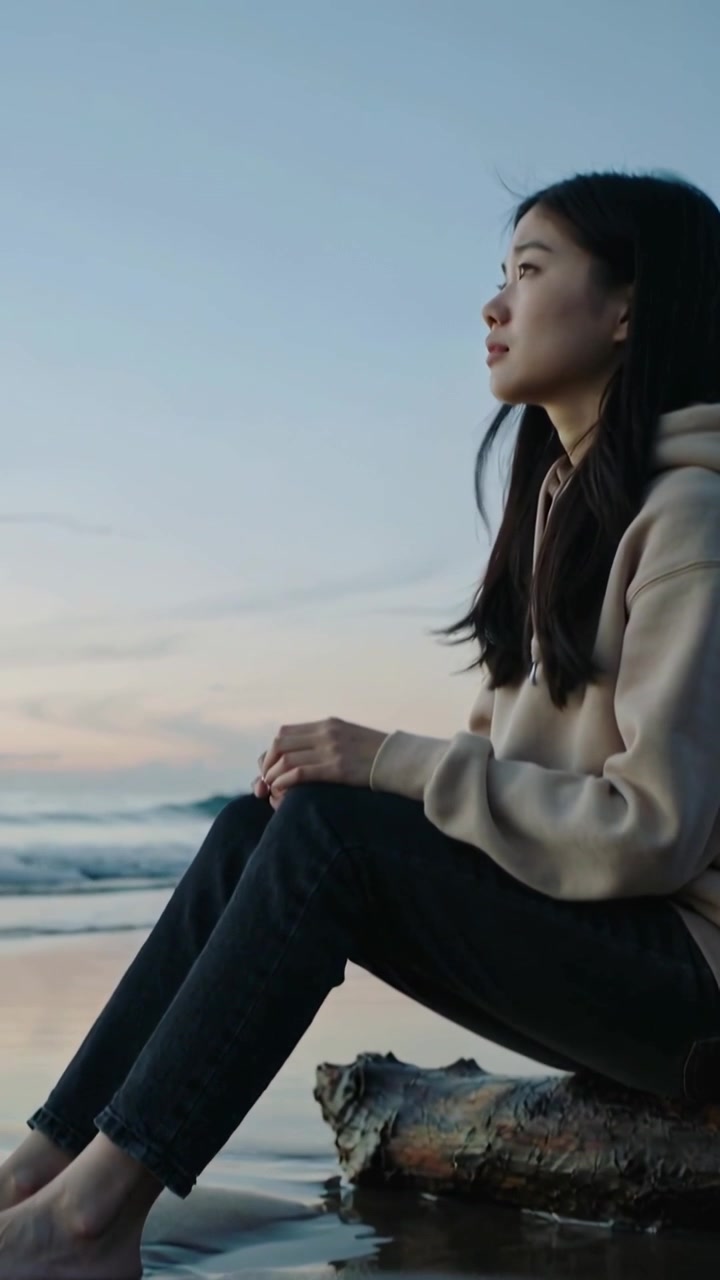 Video verticale: Panoramica verso l'alto, donna seduta su un tronco di legno sulla riva, guarda il tramonto, indossa felpa con cappuccio e jeans
