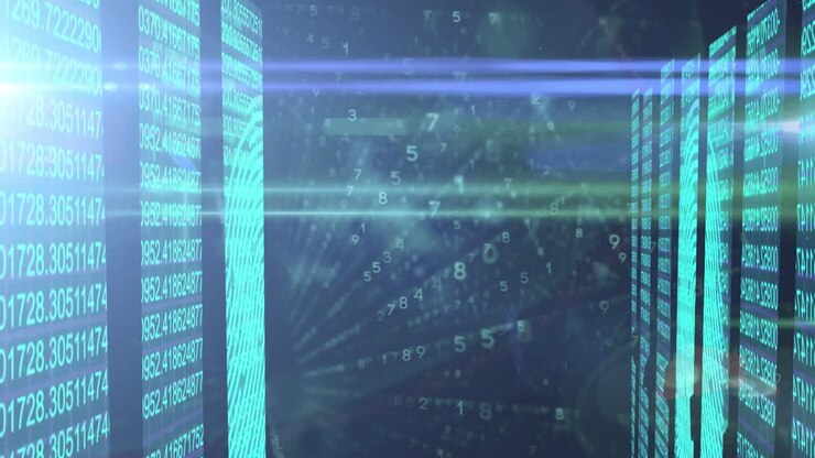 Animation of data processing and light trails over black background