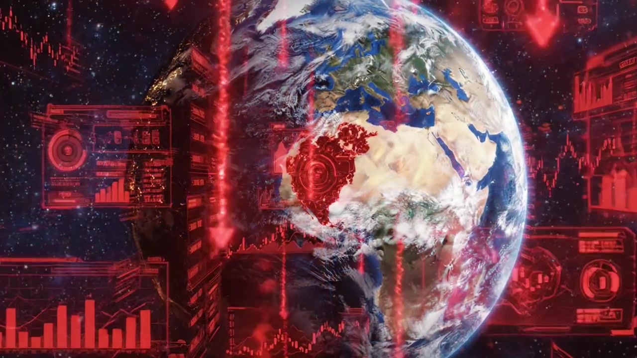 Una transformación dramática de la Tierra representada a través de dos imágenes: de un globo sereno rodeado de estrellas a un mundo digital superpuesto con datos y elementos visuales tecnológicos.