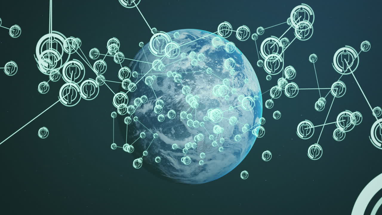 검은 바탕에 전 세계에 있는 아이콘으로 연결된 네트워크의 애니메이션