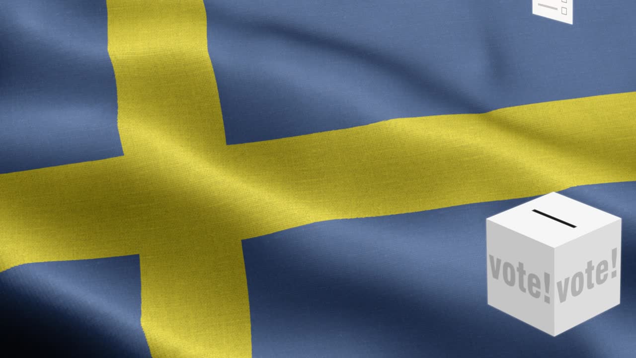 투표용지가 스웨덴을 위한 투표용지에 날아갑니다. - 발 앞에 있는 투표용지 - 선거 - 투표 - 스웨덴의 발 - 스웨덴 발 높은 세부 사항 - 국가 발 스웨덴의 파동 패턴 루프 가능한 요소 - 직물 질감과 끝없는 루프